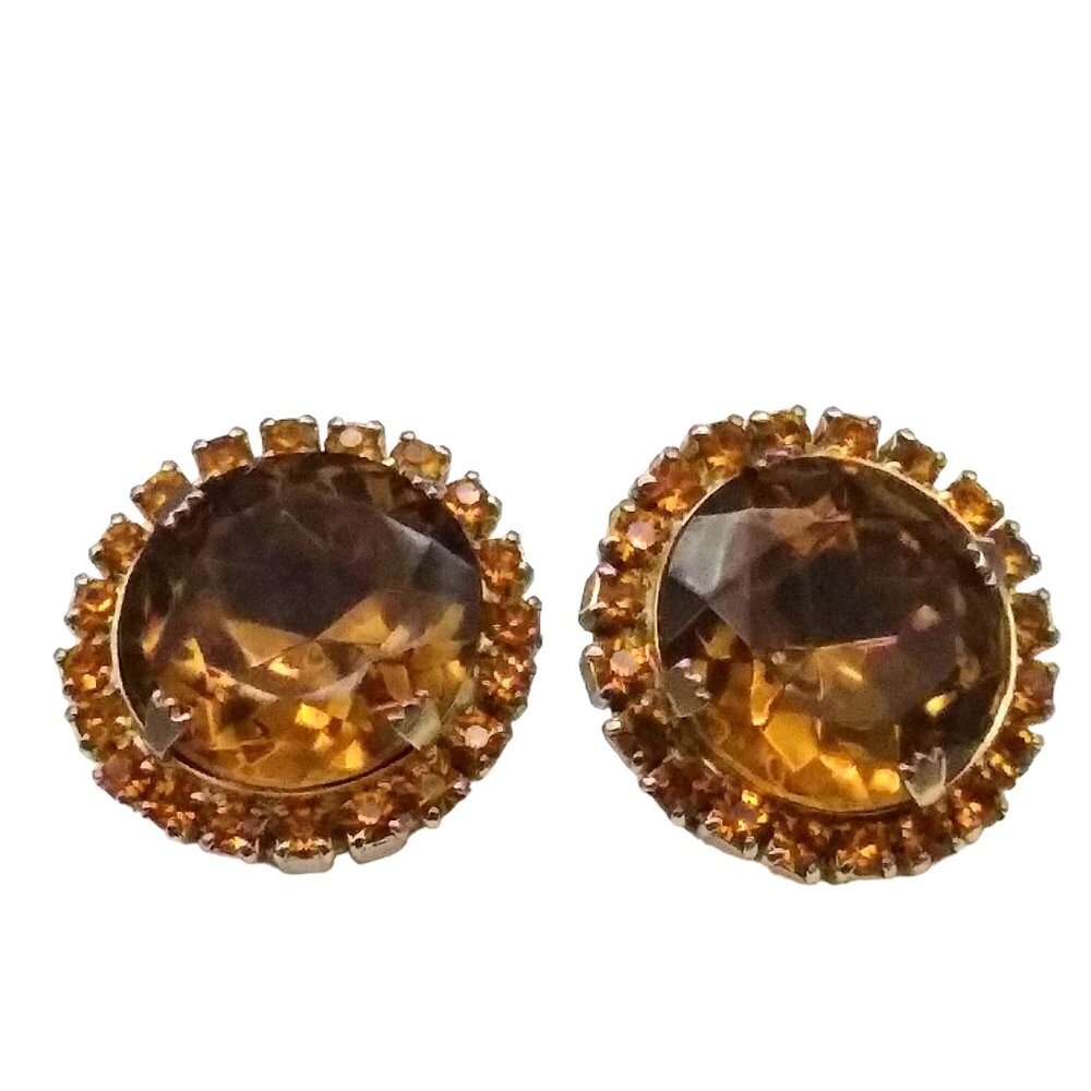 Vintage Crystal Halo Sparkle Earrings, Clip On 1940s Glam, Faceted Topaz Colored - Picture 2 of 5